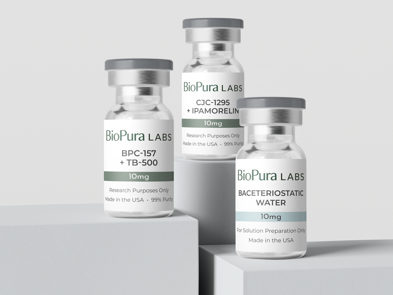 99% pure BPC-157 + TB500 and CJC-1295 + Ipamorelin research peptide stack with baceteriostatic water